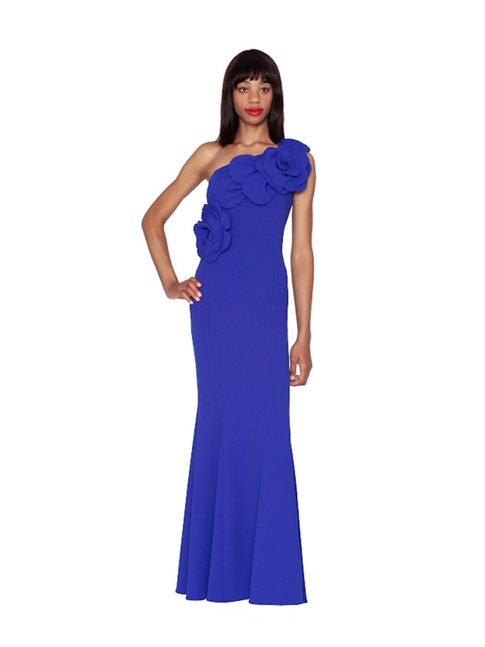 WHITE TIE by Shani One-Shoulder Cobalt Blue Floral Appliqué Evening Gown